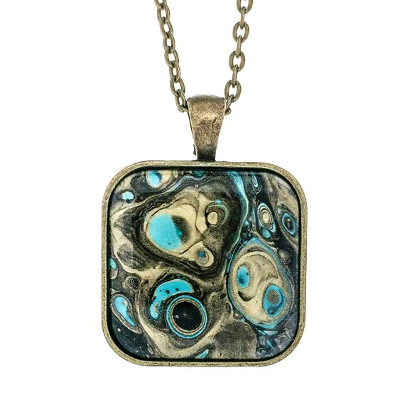 Fluid Art Square Pendant with Necklace Turquoise & Gold - Picture 1 of 1